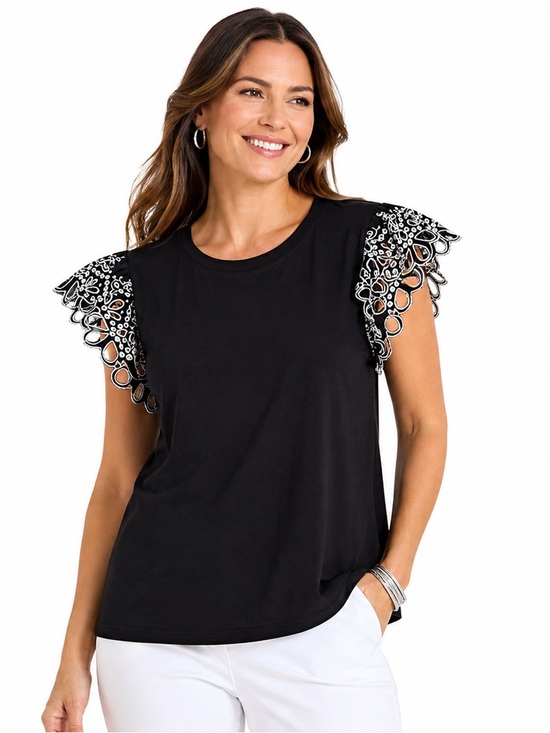 Chico's Tops - Chico’s Size 3 XL Black Embroidered Eyelet Flutter Sleeve Top